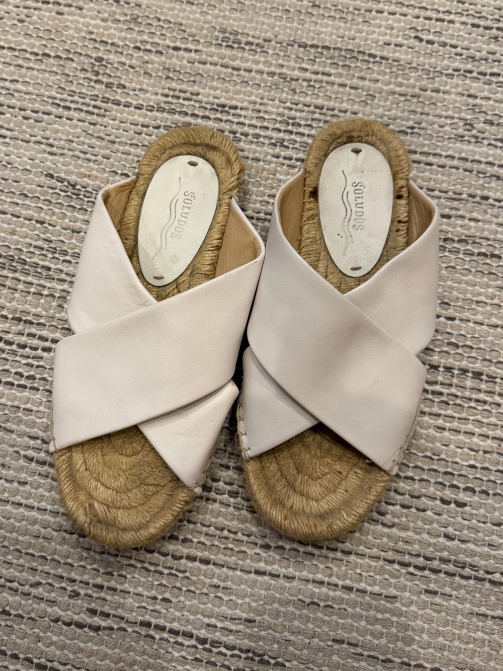 Soludos Cream Leather Cross-Strap Espadrille Slides